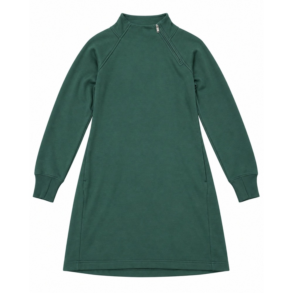 Athleta Cozy Karma Dress Green Asymmetrical Zip Sweatshirt Pockets Size Large